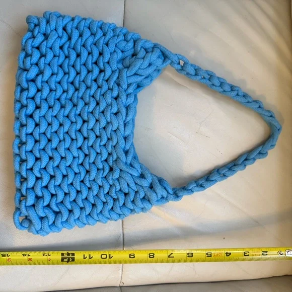 Sky Blue Chunky Knit Cotton Shoulder Bag | Textured Woven Style - Picture 2 of 6